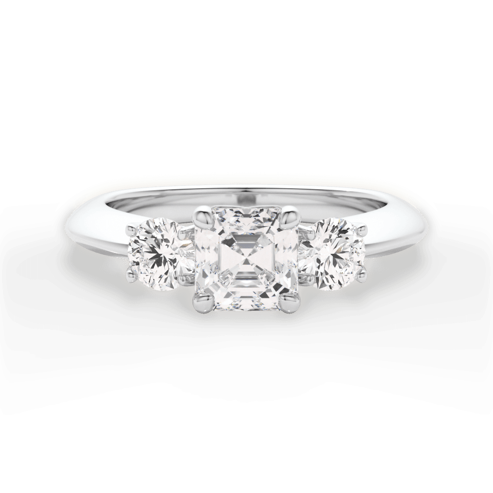 Bague 3 Pierres Moissanite Asscher 3.20 CTW - Or Blanc Plaqué, Taille 7, Création Labo VVS1/D