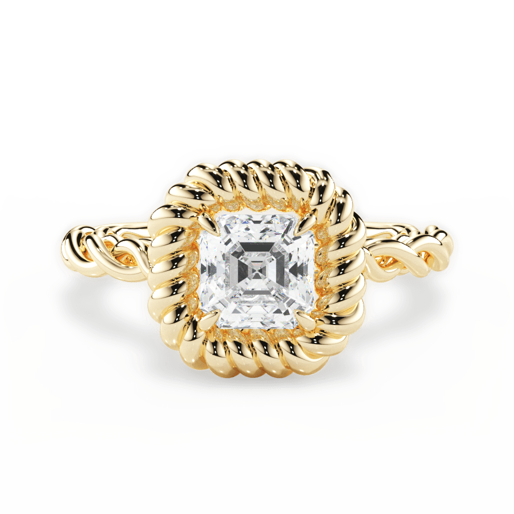Asscher Cut 18kt Yellow Gold Twisted Metal Halo Engagement Ring