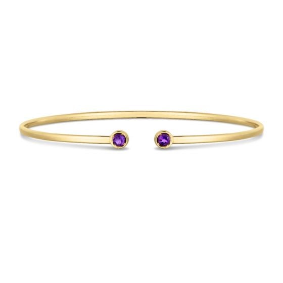 Image of gold open bangle bracelet with two purple amethyst stones