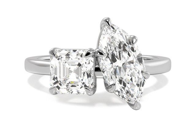 two-stone asscher-cut and marquise-cut diamond ring