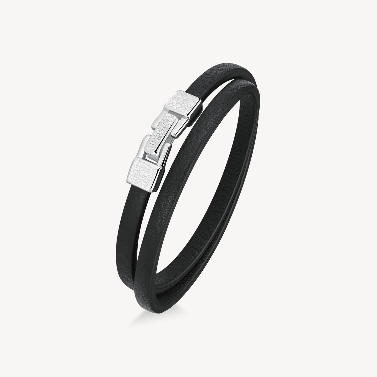 Photo of men's black leather bracelet with stainless steel piece