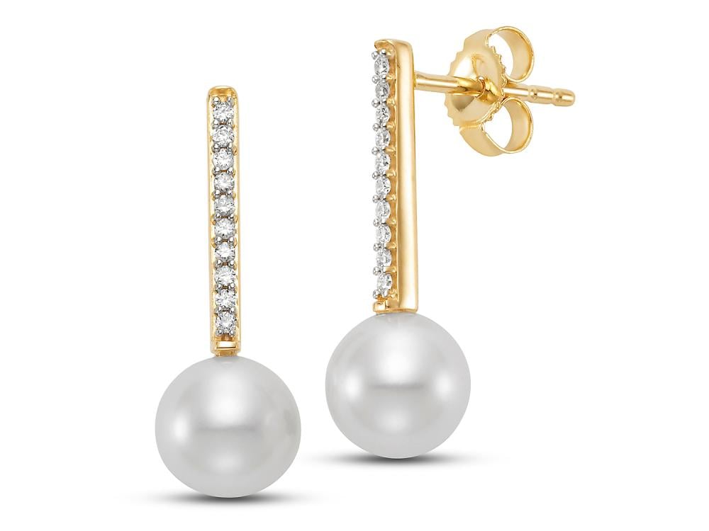 Image of pearl earrings with diamond drop set in yellow gold 