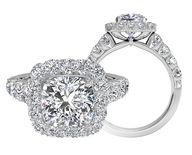 Classic Cushion Cut Diamond in a Halo Setting with Side Stones by Ritani