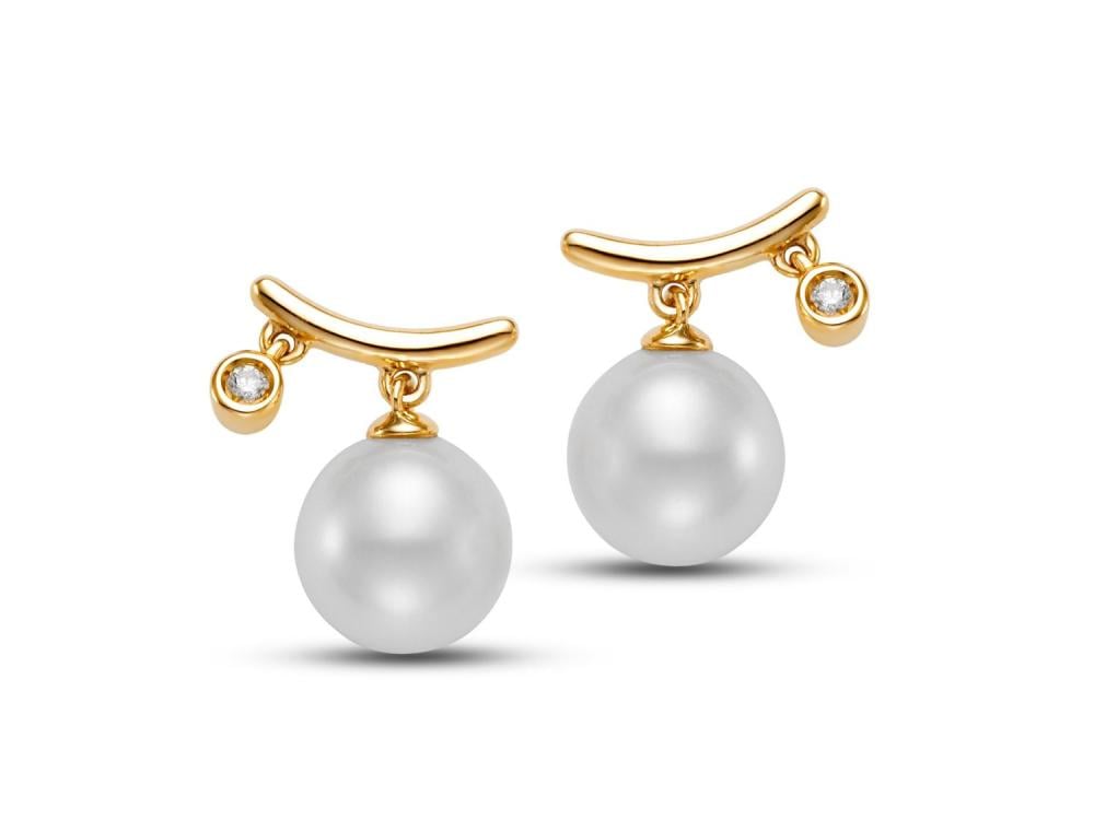 Image of pearl and yellow gold bezel set diamond earrings