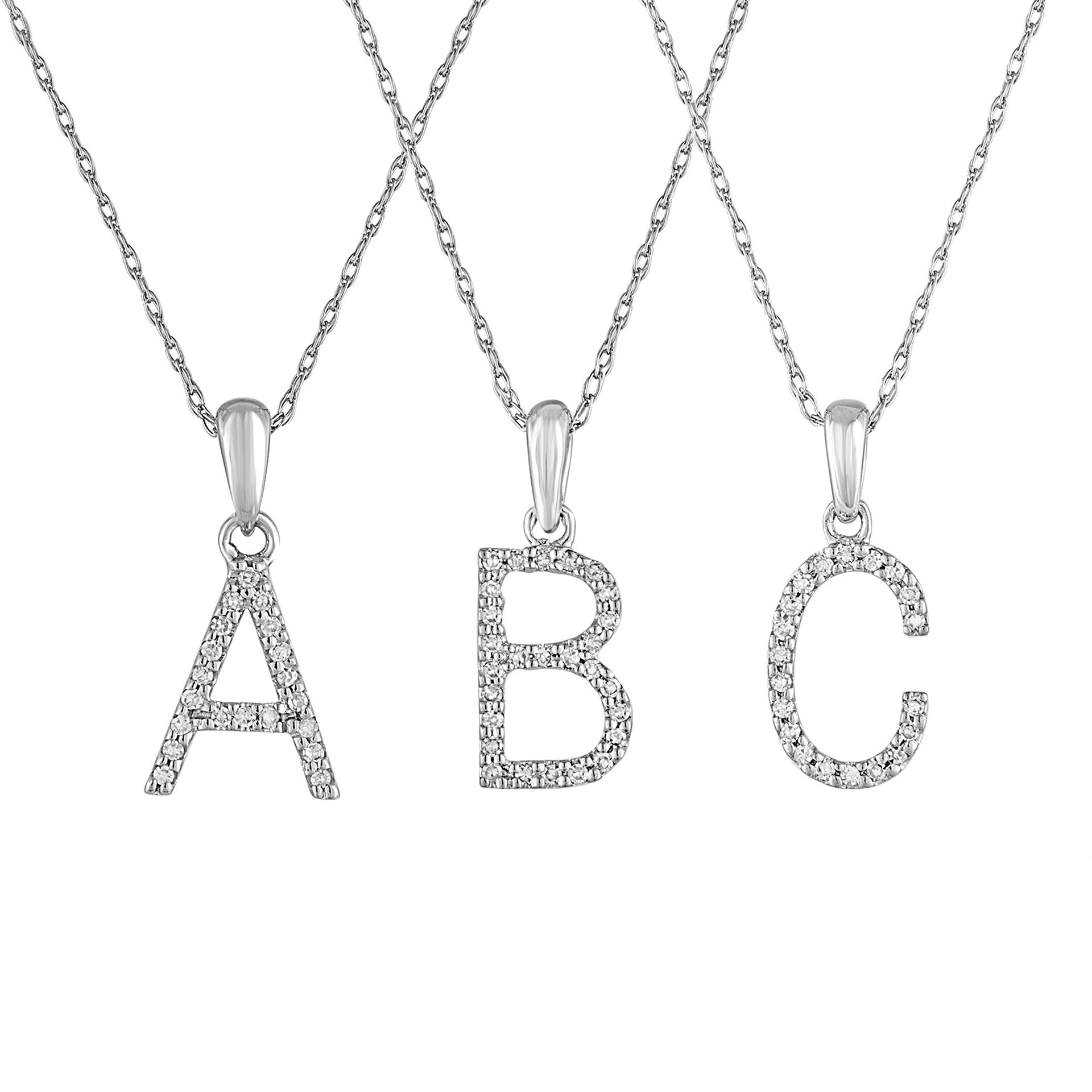 Image of diamond initial pendants in letters A, B and C