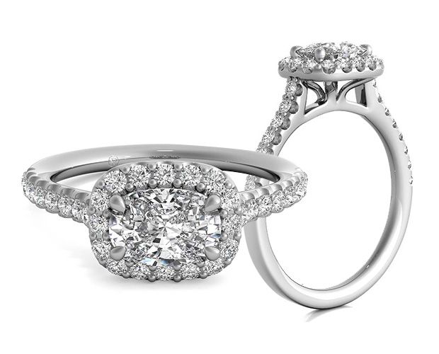 East to West Cushion Cut Diamond in a Halo Setting
