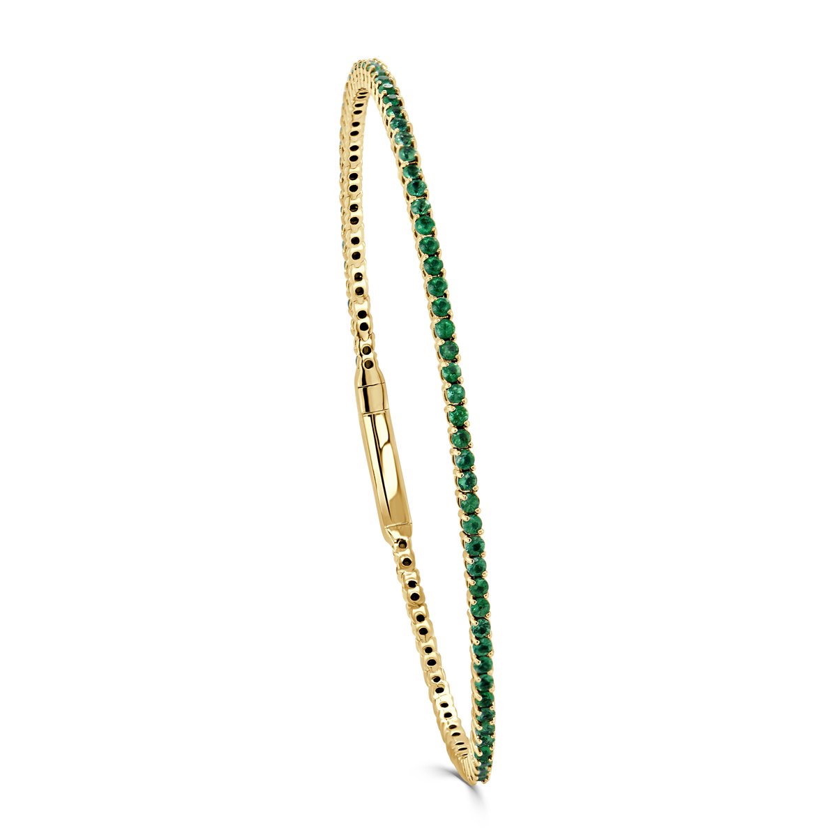 Image of a green emerald tennis bracelet set in yellow gold