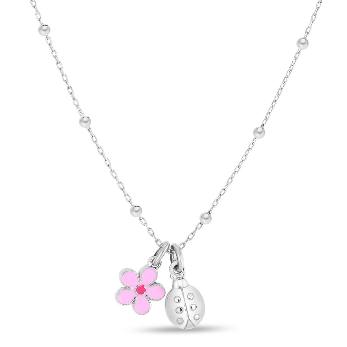 Image of sterling silver enamel ladybug and flower children's necklace