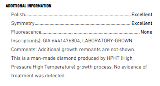 GIA report showing that a diamond was grown through the HPHT method