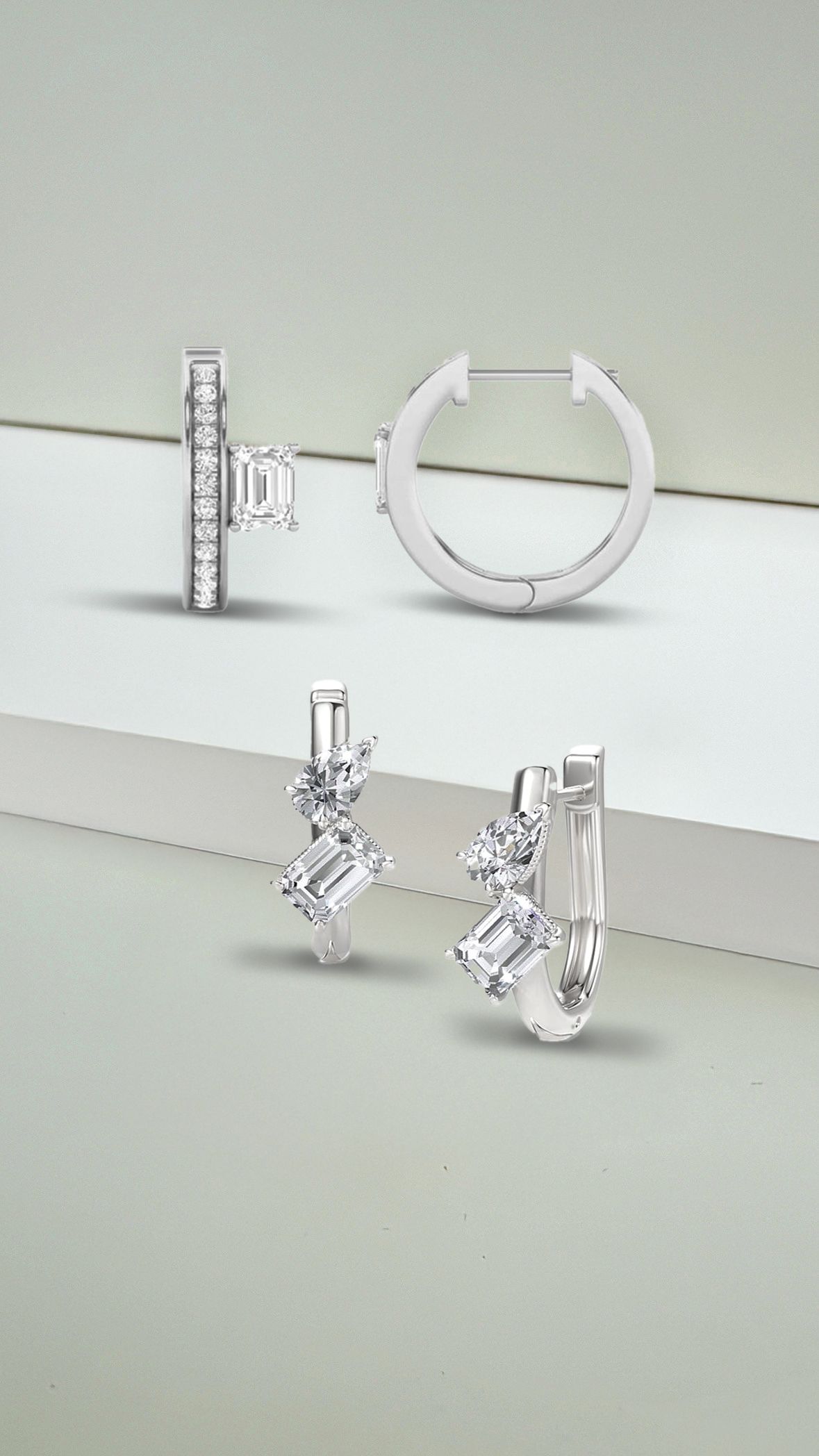 Image of two pairs of diamond studs earrings on white gold hoop