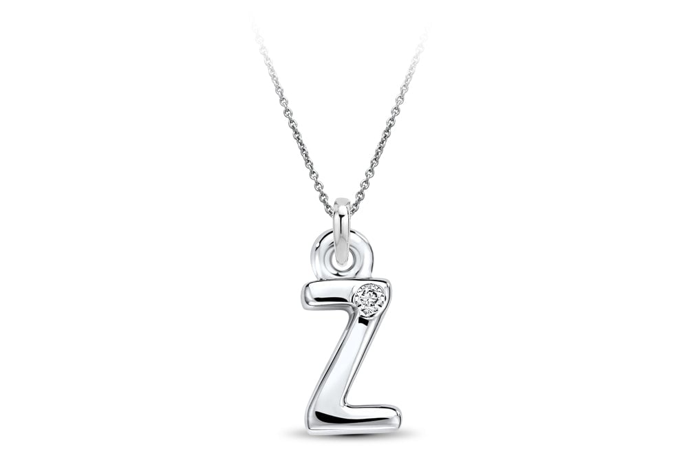 Image of white gold letter Z necklace with a tiny diamond 
