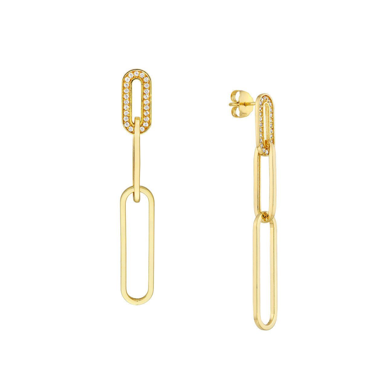 Image of gold paper clip earrings with diamond accents