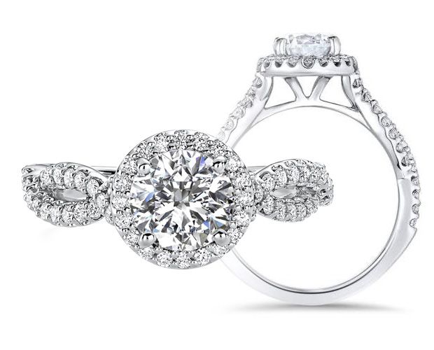 Platinum Twisted Shoulders with Diamonds and Raised Halo Setting Ring