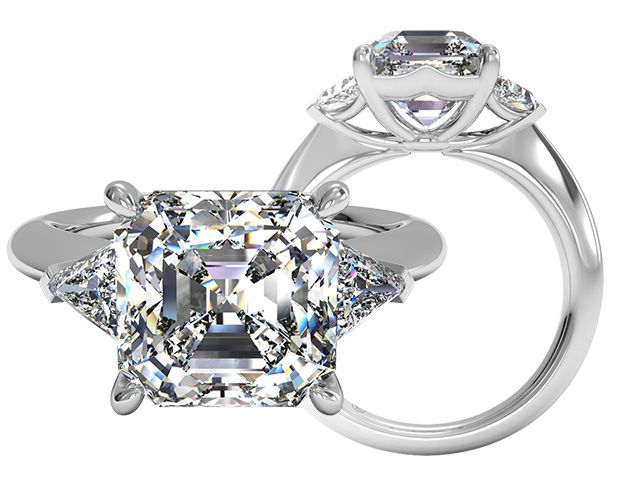 three-stone asscher cut engagement ring with trillion sidestones