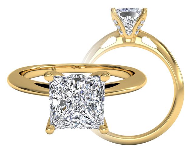 unique yellow gold solitaire engagement ring with diamond embellished prongs