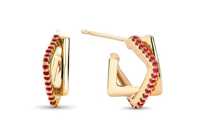 Image of ruby and gold square hoop earrings