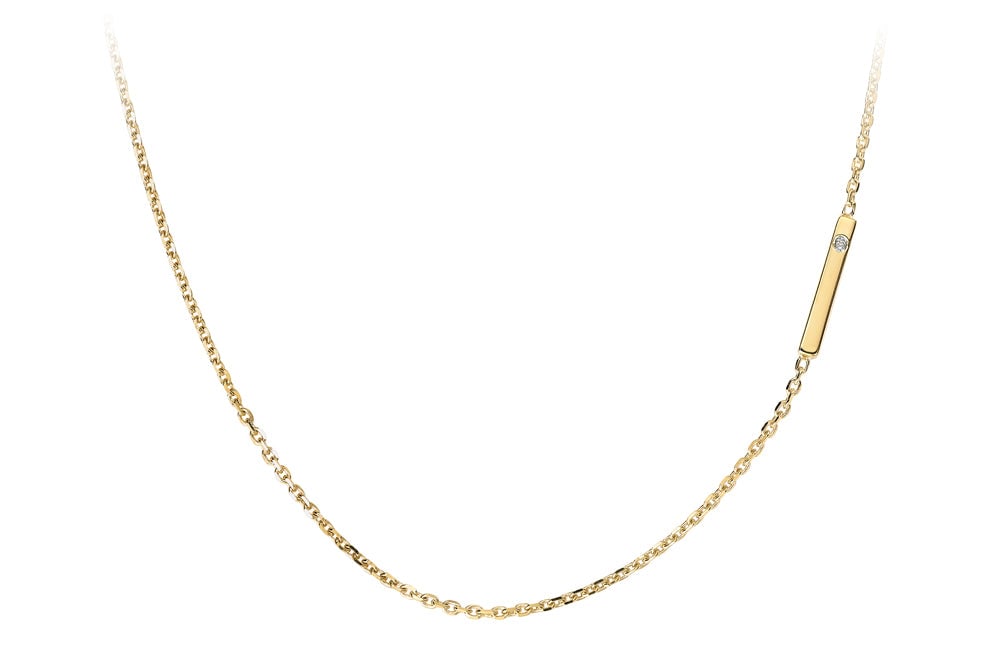 Image of gold necklace with small gold bar including tiny diamond