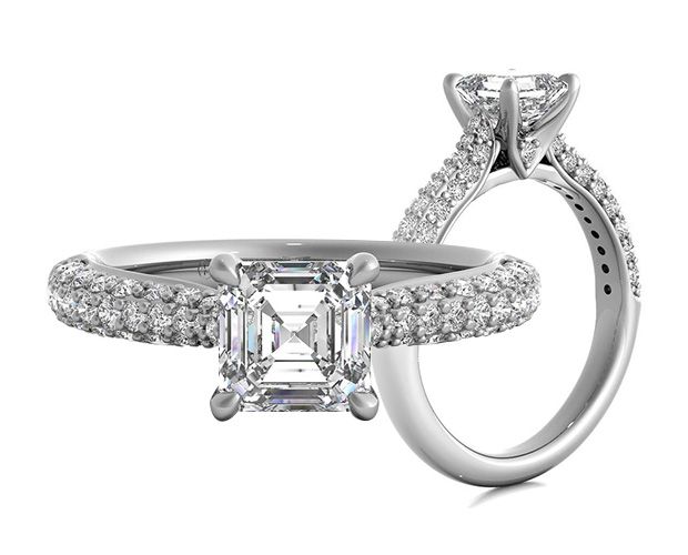 Asscher Cut Three-Row Pavé Diamond Engagement Ring