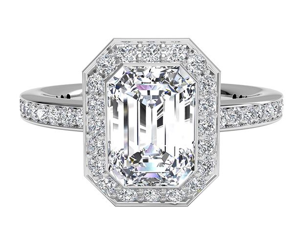 Classical Vintage Engagement Ring by Ritani with Emerald Cut Diamond in Halo Setting