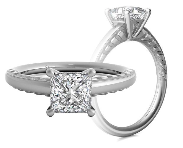 Princess Cut Diamond Solitaire Engagement Ring in Engraved 14kt White Gold