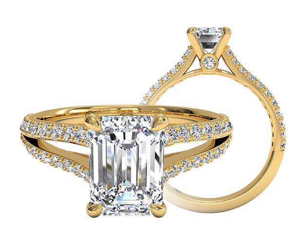 Beautiful Split Shank Yellow Gold Engagement Ring with Emerald Cut Diamond