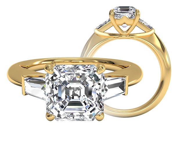 three-stone asscher-cut diamond engagement ring in yellow gold
