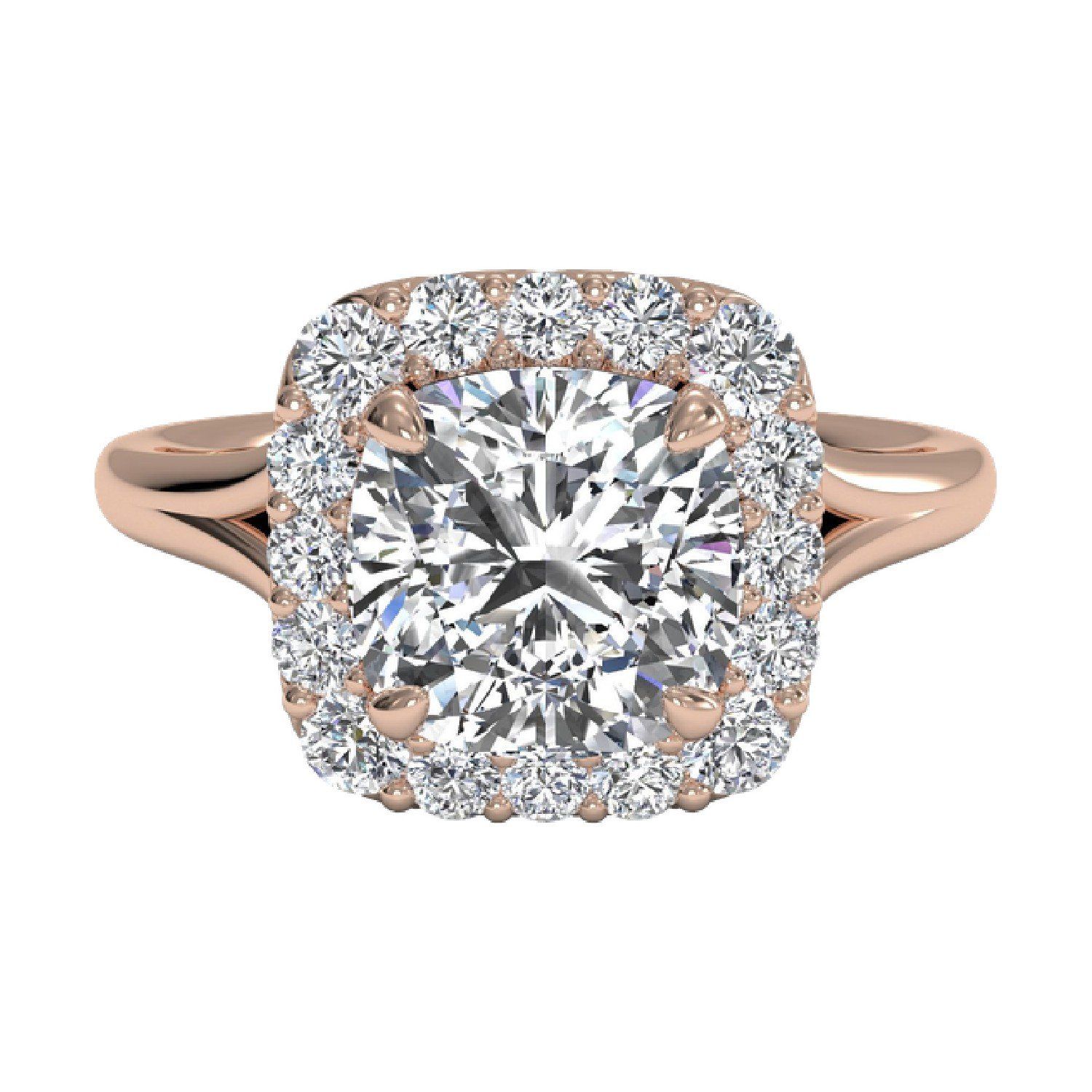 Rose gold engagement ring with a french-set diamond halo
