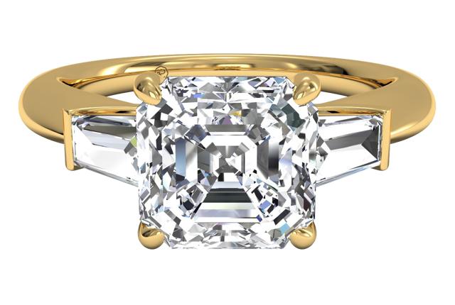 asscher-cut engagement ring with baguette-cut side stones 