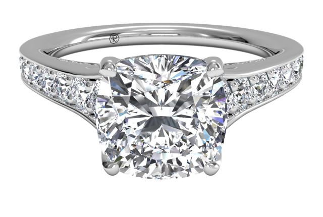 cushion-cut diamond in a sidestone setting