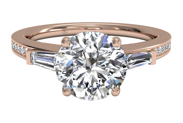 engagement ring with bar set baguette-cut diamond side stones