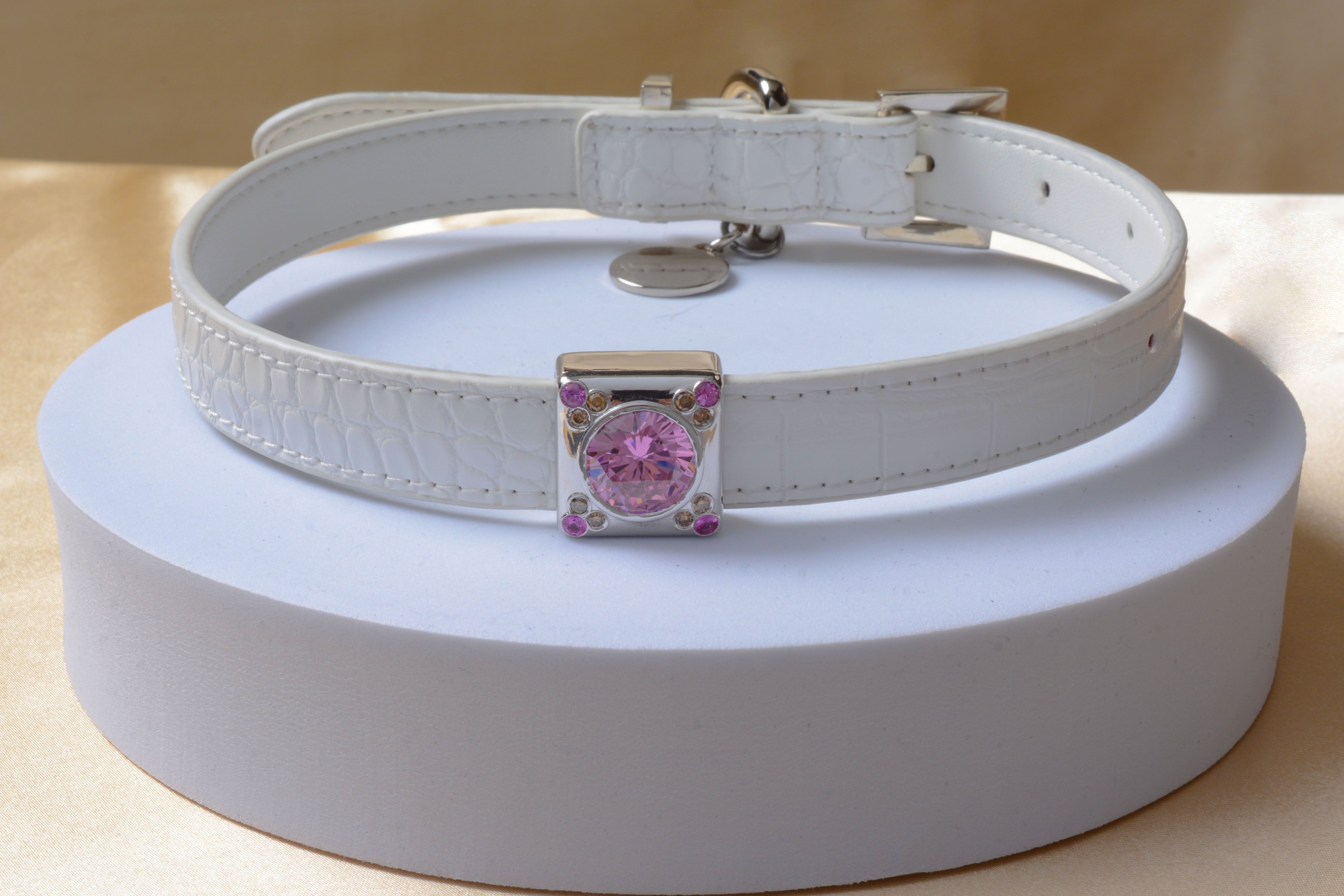 Pink Sapphire & Champagne Lab-Diamonds Sustainable Luxury Dog Collar Set on  White Vegan Crocodile Leather