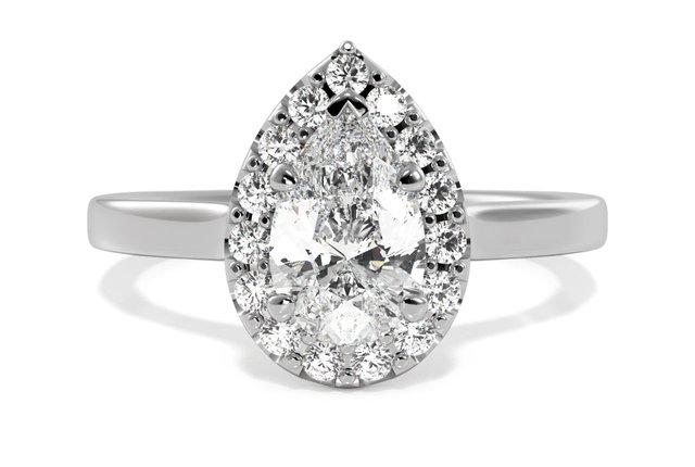 plain band halo engagement ring with a pear-cut diamond