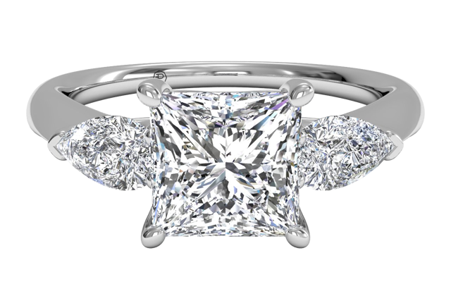 princess-cut engagement ring with pear-shaped diamond side stones