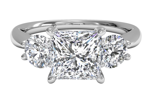 three-stone princess-cut engagement ring with round-cut side stones
