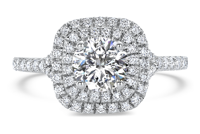 round cut diamond with a square-shaped halo