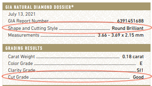 GIA report showing a diamond's shape and cutting style