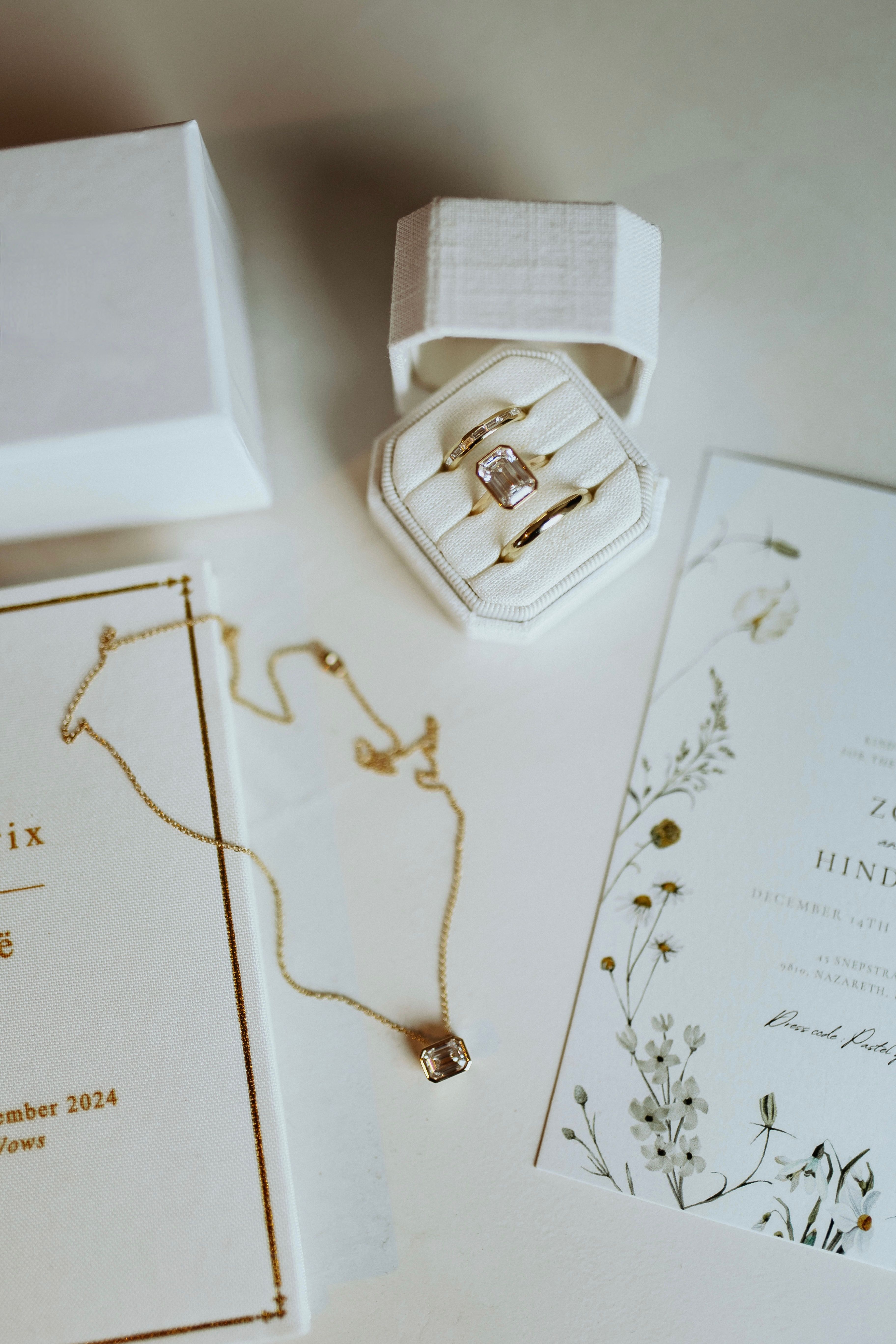 Image of wedding invitation, flowers and jewelry